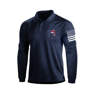 POLO DE MANGA LARGA RAGLÁN CON ESTAMPADO DE ARAÑA Y BANDERA DE EE. UU. DE 1/4 DE BOTÓN