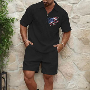 CONJUNTO DEPORTIVO DE POLO DE COLOR SÓLIDO CON CÓMODO ESTAMPADO WAFFLE CON BANDERA DE EE. UU.