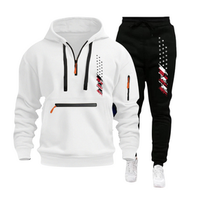 SUDADERA CON CAPUCHA PARA HOMBRE, DEPORTIVA, CASUAL, CON BANDERA DE EE. UU., MÚLTIPLES CREMALLERAS Y BOLSILLO EN EL BRAZO