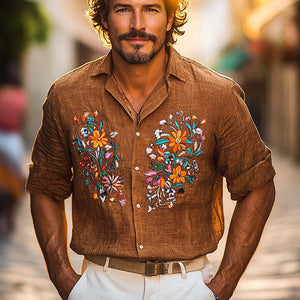Camisa informal de manga larga bordada vintage de algodón y lino para hombre