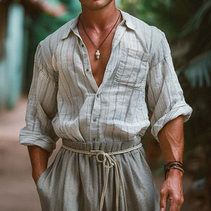 Camisa de manga larga con estampado de rayas transpirable para hombre