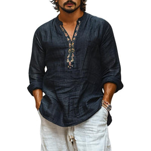 Camisa de manga larga con cuello en V, transpirable, de algodón y lino para hombre