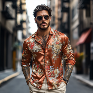 Men's Spring And Summer Fashionable Retro Printed Satin Long Sleeve Shirt