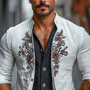 Men's Stand Collar Floral Embroidery Single Breasted Jacket