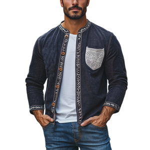 Camisa de manga larga de algodón y lino con empalme de encaje retro de moda de primavera para hombre