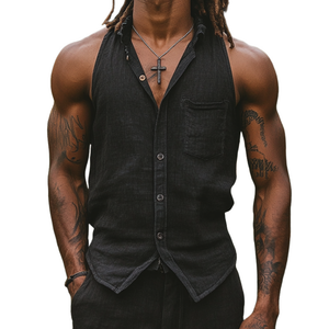 Men's Casual Cotton Linen Lapel Patch Pocket Slim Sleeveless Shirt