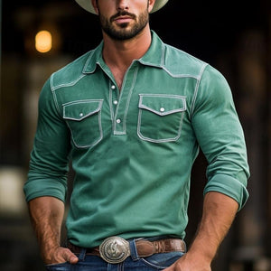 Polo de manga larga ajustado estilo western de gamuza para hombre