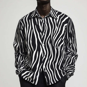 Camisa de manga larga de algodón y lino con estampado de cebra para hombre