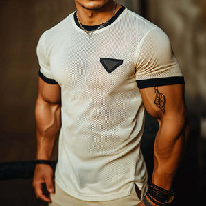 Camiseta de manga corta con cuello redondo y bloques de color de tela de malla informal retro para hombre