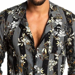Camisa de manga larga de gasa con estampado vintage, estilo casual y ajustado para hombre