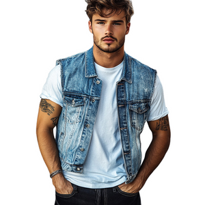 Men's Vintage Blue Washed Denim Lapel Vest