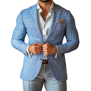 Herrenmode Frühling Sommer Karierter Blazer mit Revers und zwei Knöpfen