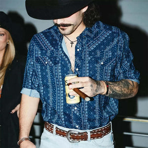 Camisa informal de manga larga con solapa y estampado retro azul oscuro para hombre