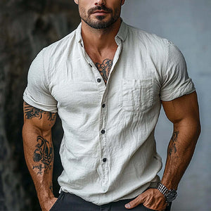 Camisa de manga corta con solapa de algodón de color liso para hombre