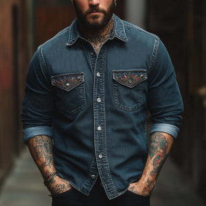 Camisa de manga larga de mezclilla lavada con bordado azul vintage para hombre
