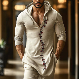 Camiseta de manga larga con capucha y bordado informal retro para hombre