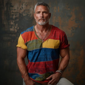 Camiseta de manga corta con cuello en V y bloques de color para hombre