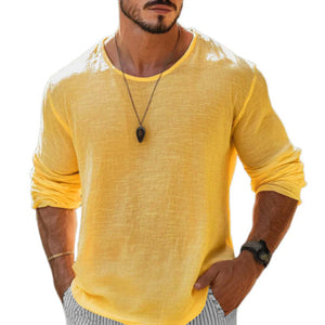 Camiseta informal de algodón y lino para hombre, cuello redondo, manga larga y holgada