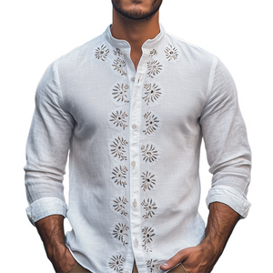 Camisa de manga larga de algodón y lino bordada con cuello alto estilo retro de primavera para hombre