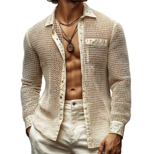 Camisa de manga larga con solapa de tela de malla irregular estilo retro informal para hombre