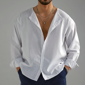 Camisa de manga larga con cuello redondo, holgada y lisa para hombre