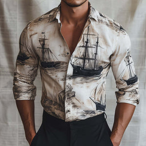 Camisa de manga larga con solapa y estampado de velero retro informal para hombre
