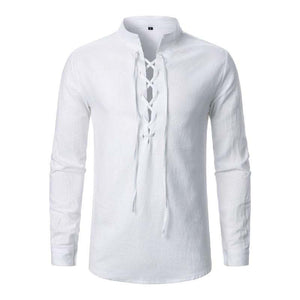 Camisa informal de manga larga con cordones de algodón y lino para hombre