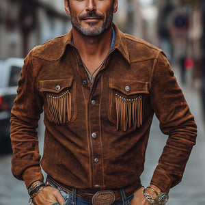Camisa de ante con borlas y solapa vintage marrón para hombre