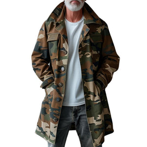 Gabardina cargo de largo medio con solapa y bolsillo en el pecho de camuflaje para hombre