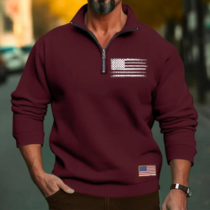 SUDADERA CASUAL CON CUELLO DEPORTIVO Y CREMALLERA SUELTA PARA HOMBRE CON BANDERA DE EE. UU.
