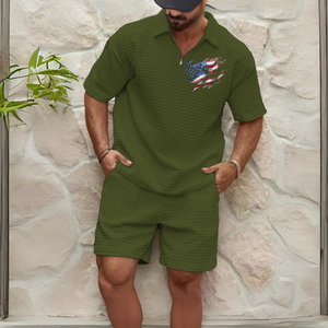 CONJUNTO DEPORTIVO DE POLO DE COLOR SÓLIDO CON CÓMODO ESTAMPADO WAFFLE CON BANDERA DE EE. UU.