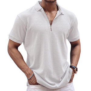 Camiseta retro informal de manga corta con cuello y cremallera de color liso para hombre