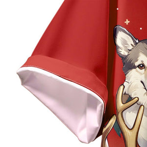 Camisa de manga corta con solapa navideña de Papá Noel informal vintage para hombre