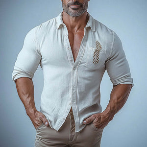 Camisa informal de manga larga con bordado de bolsillo de color liso para hombre