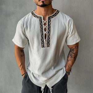 Men's Vintage Embroidered Thin Strap Round Neck Short-Sleeved T-Shirt
