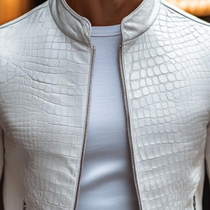 Chaqueta de cuero ajustada con cremallera y cuello alto con estampado de piedras para hombre