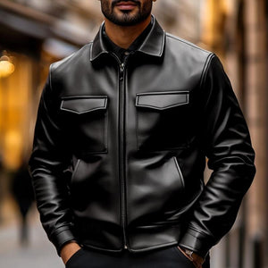 Chaqueta de cuero vintage con solapa y doble bolsillo en el pecho para hombre
