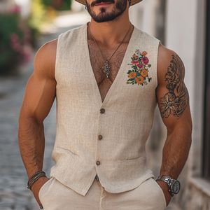 Chaleco informal de lino con bordado floral, cuello en V y botonadura sencilla, ajustado para hombre