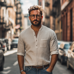Camisa de manga larga con escote en V profundo y costuras de encaje étnico retro para hombre, nueva primavera