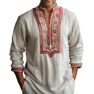 Camisa informal de manga larga con cuello abierto y bordado para hombre