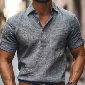Camisa informal de lino con solapa y bolsillo de parche para hombre, manga corta