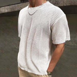 Camiseta de punto de manga corta con cuello redondo, estilo retro, informal, hueca y refrescante para hombre