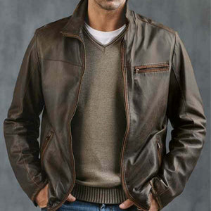 Chaqueta de cuero vintage con cremallera para hombre