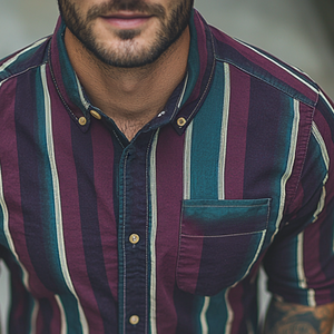 Camisa de manga larga con solapa y estampado de rayas retro informal para hombre