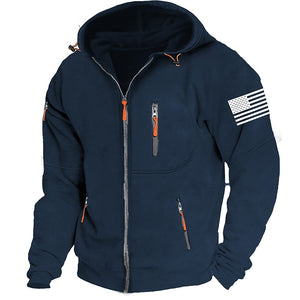 Kapuzenpullover mit amerikanischer Flagge für Herren, Grafik, taktisch, militärisch, national, modisch, für den Alltag, lässig, Oberbekleidung, Reißverschluss, Urlaub, Streetwear, Kapuzenpullover, Dunkelblau, Grau, Fleece