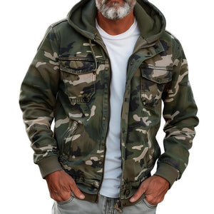 Chaqueta cargo con capucha y cremallera multibolsillos de camuflaje para hombre