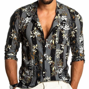Camisa de manga larga de gasa con estampado vintage, estilo casual y ajustado para hombre