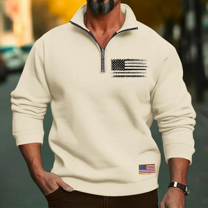 SUDADERA CASUAL CON CUELLO DEPORTIVO Y CREMALLERA SUELTA PARA HOMBRE CON BANDERA DE EE. UU.