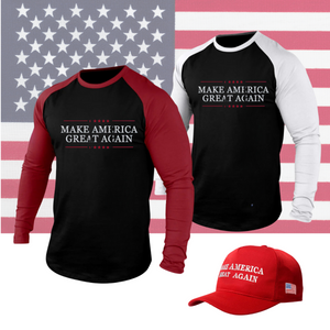 CAMISETA DE MANGA LARGA CON GRÁFICO RAGLÁN 100 % ALGODÓN "HAZ QUE AMÉRICA VUELVA A SER GRANDE"