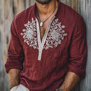 Camiseta vintage de manga larga bordada con cuello en V profundo en rojo oscuro para hombre